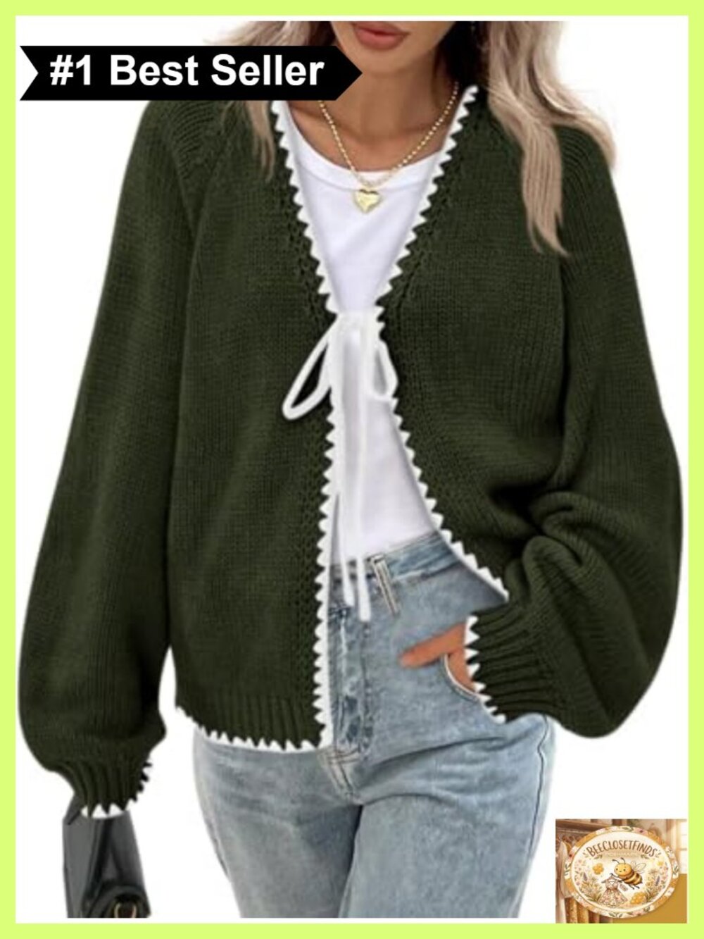 PRETTYGARDEN Women's Cardigan Sweater Front Tie Puff Sleeve V-Neck Relaxed Fit